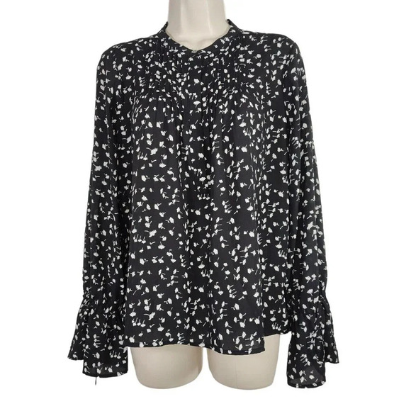 J Crew Black Floral Popover Top Pintuck Women Size S Long Bell Sleeve H8309 - Picture 1 of 9